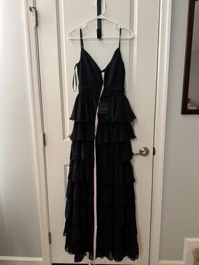 Mac Duggal Black Tiered Ruffle Spaghetti-Strap Maxi Dress